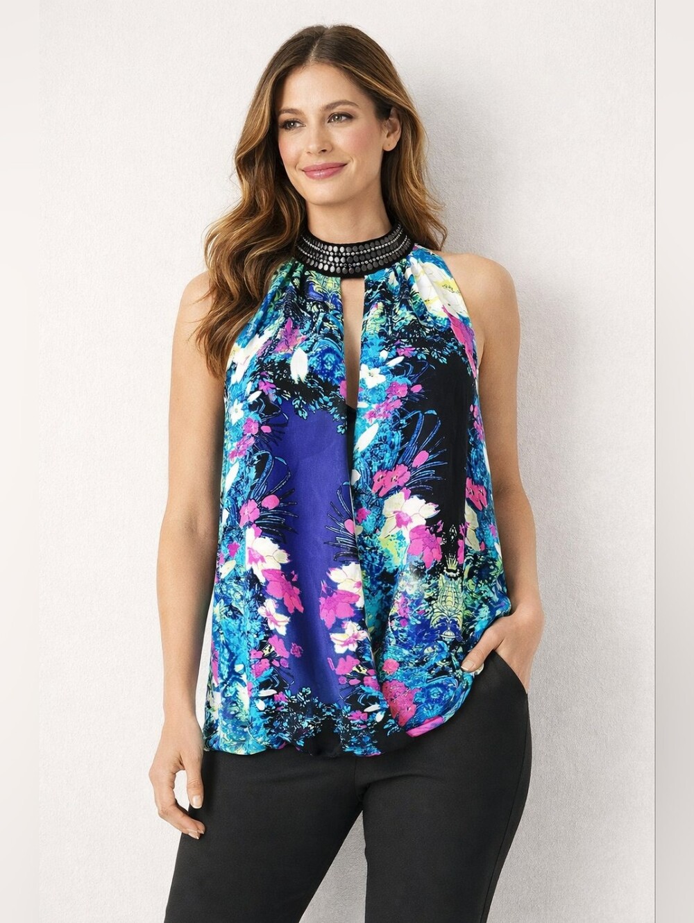 Nicole Miller Sleeveless Halter Floral Blouse in Blue, Pink & Teal Embellished M